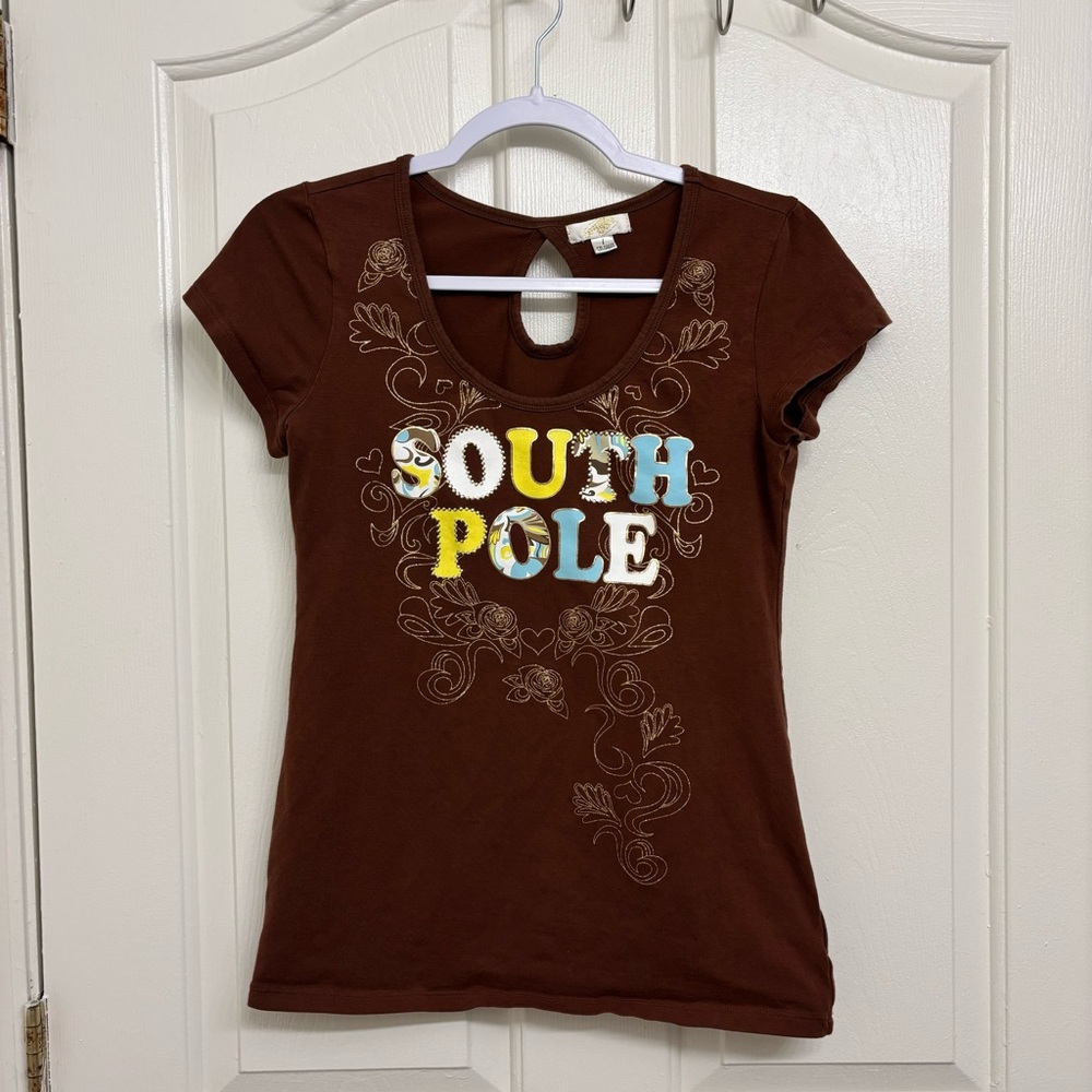 Vintage South Pole Brown Y2K Graphic Baby Tee Cutout Back Size Large